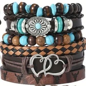 Brown and Turquoise Vegan Leather Bracelet Set
